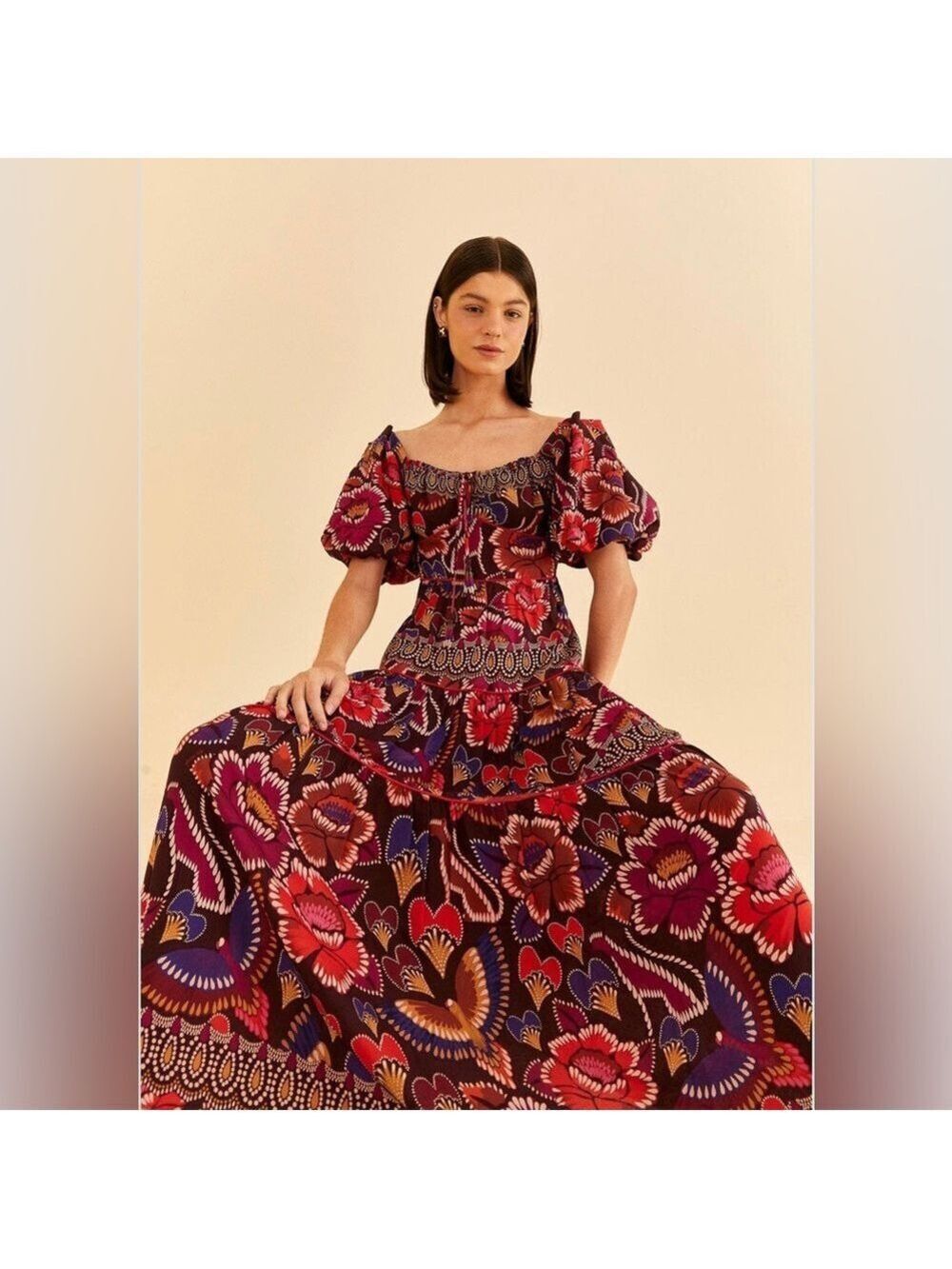 Farm Rio Brown Bright Flora Short Sleeve Midi Dress